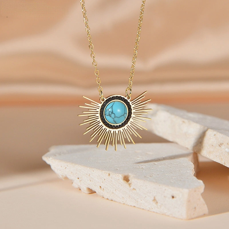 Wholesale Titanium Steel Sunflower Turquoise Pendant Necklace