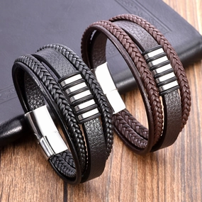 Wholesale Titanium Steel Woven Leather Rope Bracelets