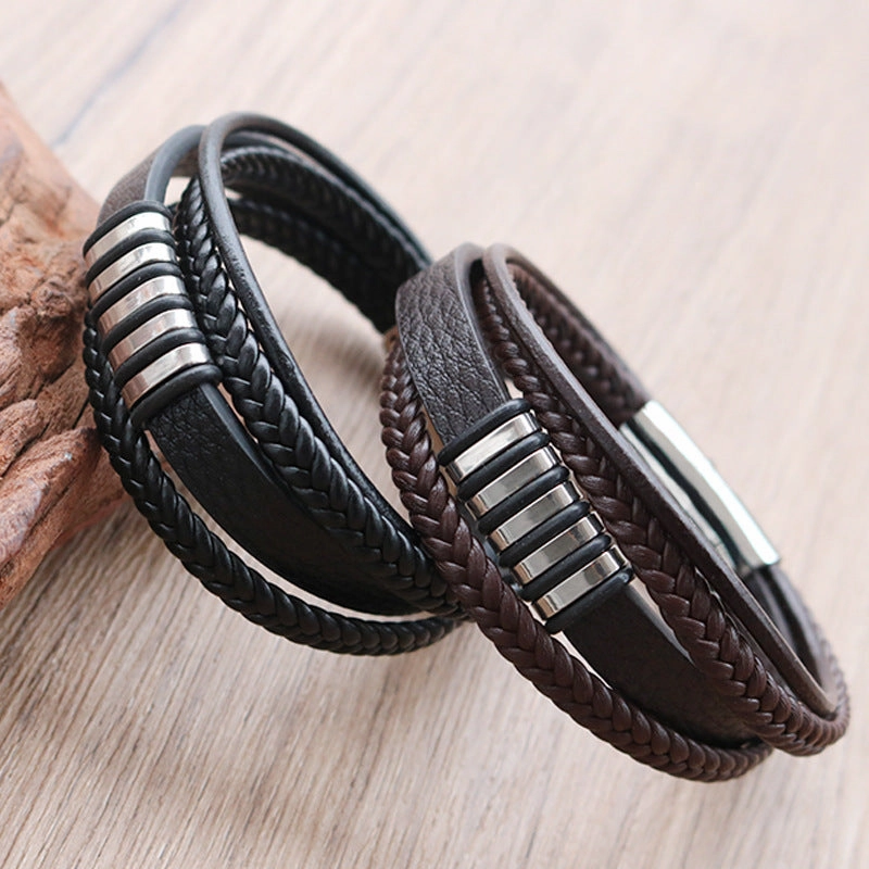 Wholesale Titanium Steel Woven Leather Rope Bracelets