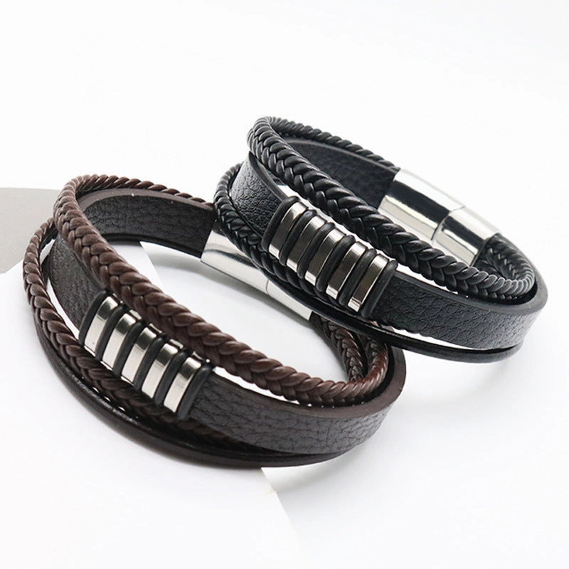 Wholesale Titanium Steel Woven Leather Rope Bracelets
