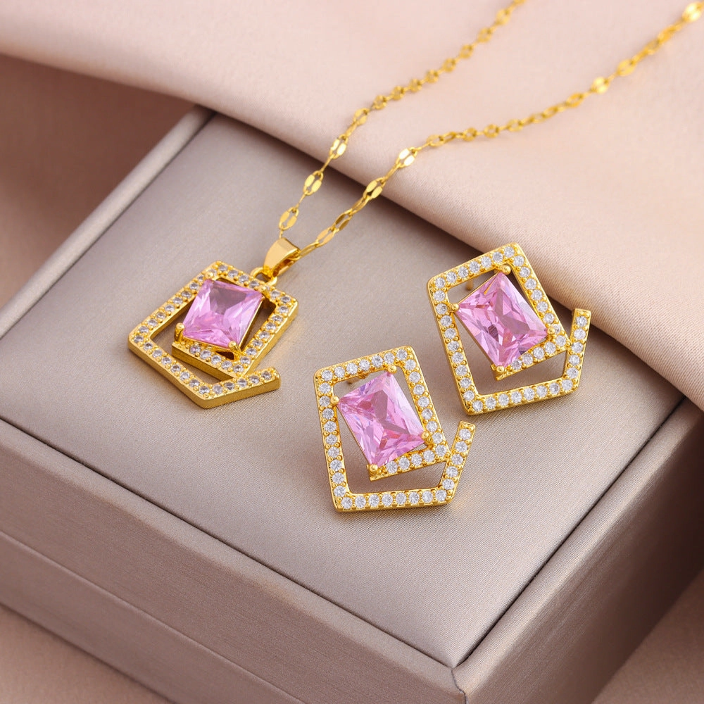 Wholesale Titanium Steel Zircon Earring Necklace Set