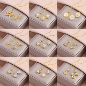 Wholesale Titanium Steel Zircon Earring Necklace Set