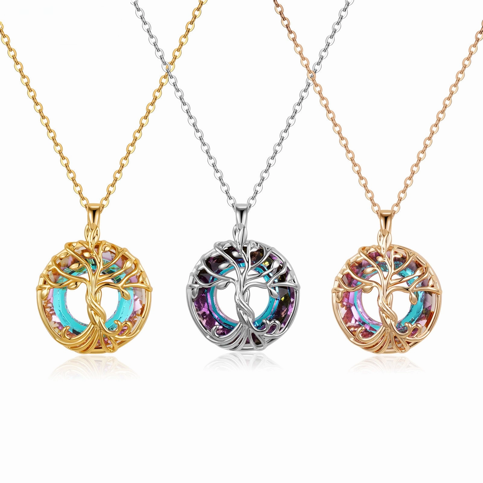 Wholesale Tree of Life Colored Crystal Round Necklace Collarbone Chain