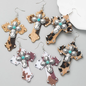 Wholesale Trendy Leopard Print Leather Cross Alloy Inlaid Turquoise Exaggerated Earrings