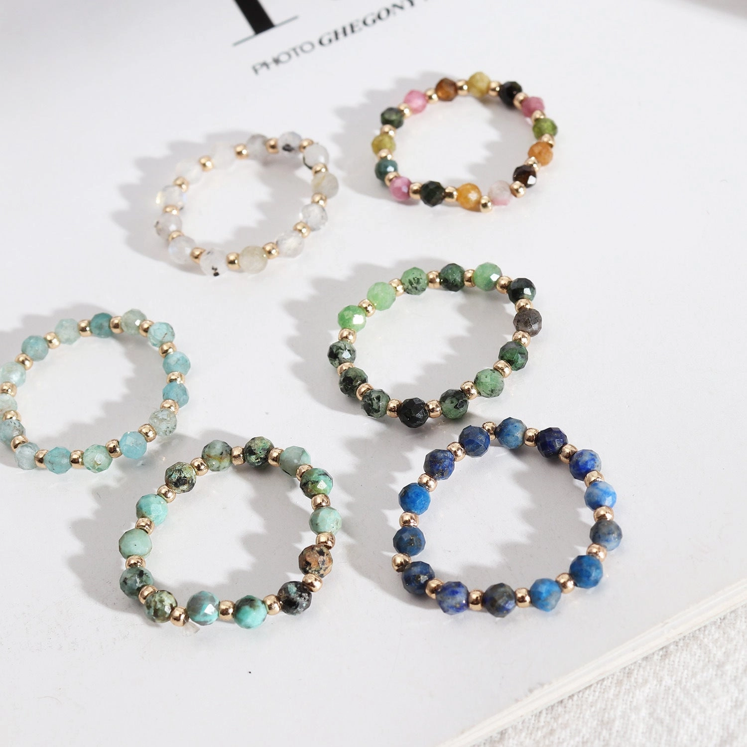 Wholesale Trendy Natural Tourmaline Faceted Beaded Stretch Line Statement Ring