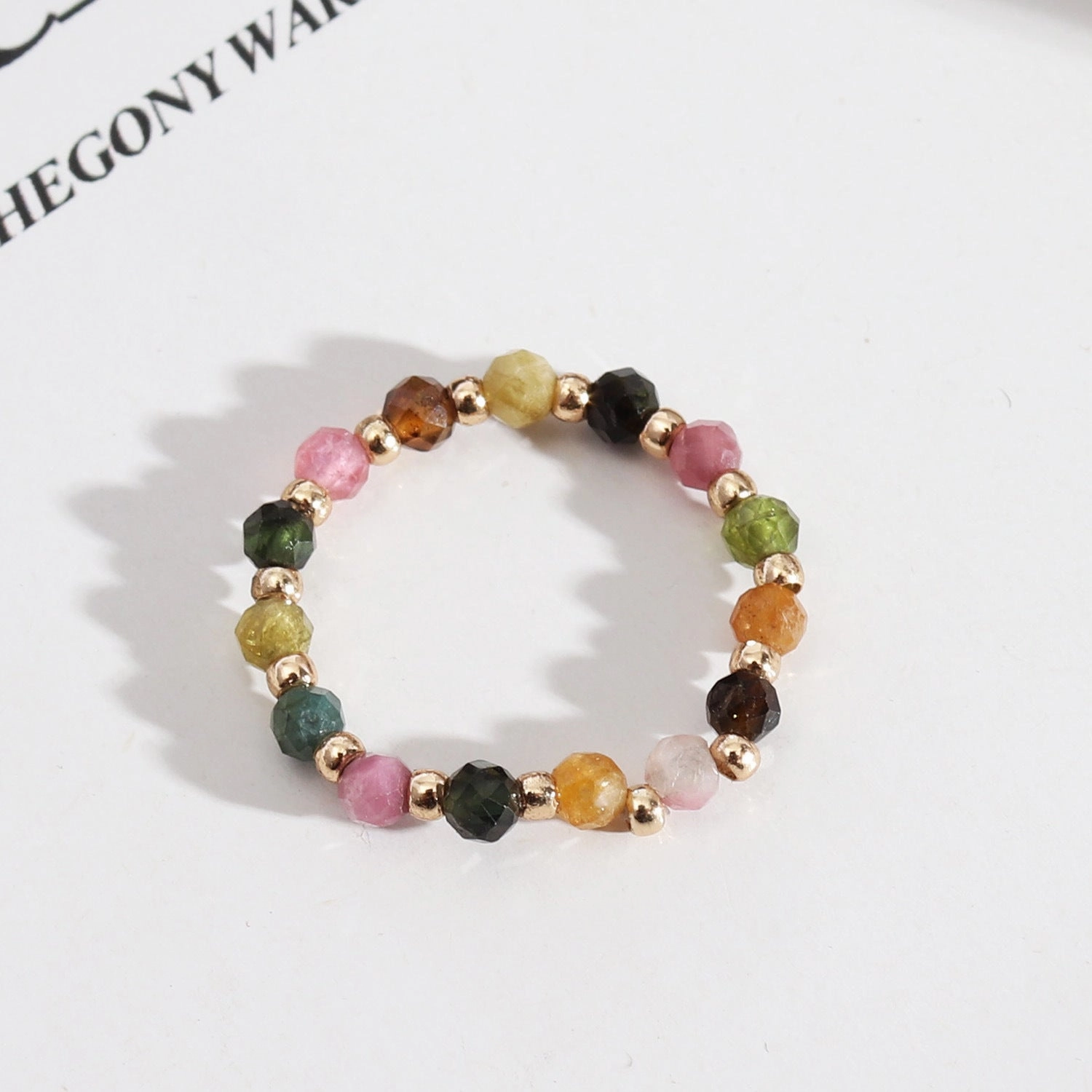 Wholesale Trendy Natural Tourmaline Faceted Beaded Stretch Line Statement Ring
