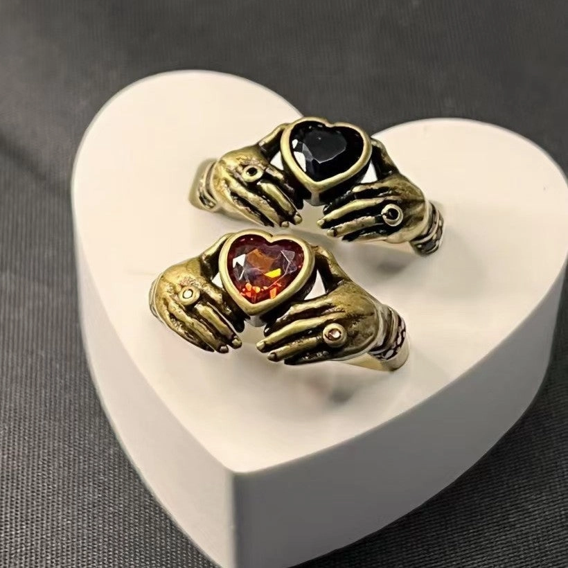 Wholesale Trendy Retro Carving Hands Embrace Red Zircon Couple's Ring Finger Ring Design All-match Valentine's Day