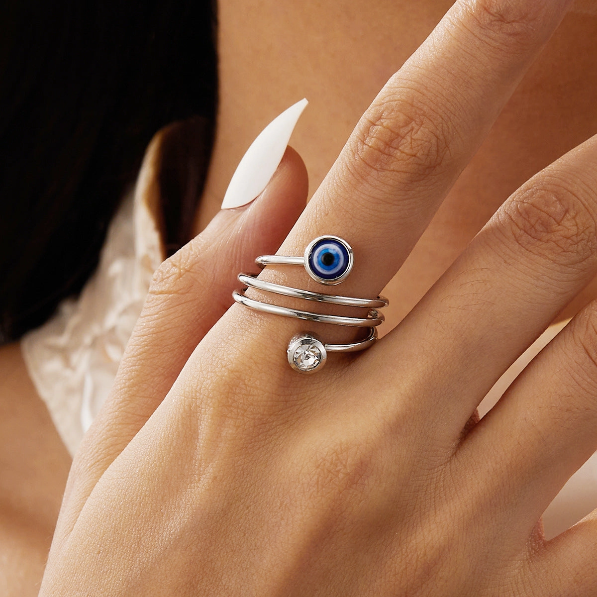 Wholesale Turkish Blue Eye Stainless Steel Evil Eye Open Adjustable Ring