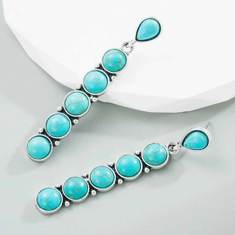 Wholesale Turquoise antique silver round stone creative long earrings