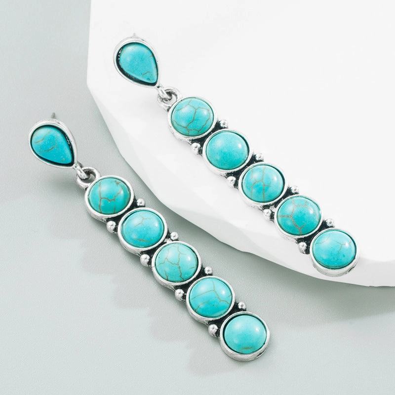Wholesale Turquoise antique silver round stone creative long earrings