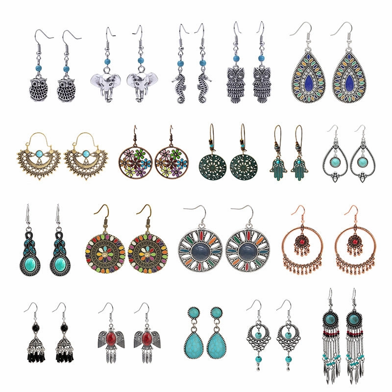 Wholesale Turquoise Bohemian Owl Dream Catcher Feather Alloy Earrings