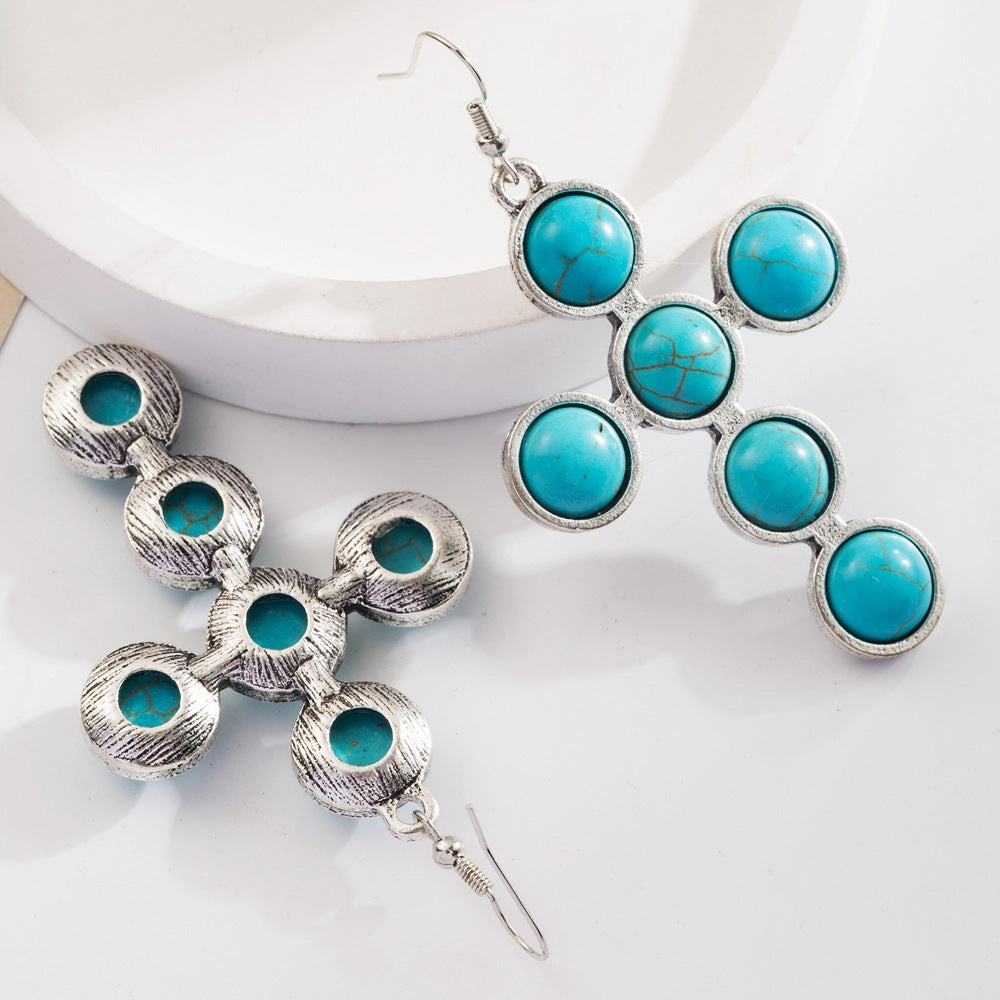 Wholesale Turquoise cross exaggerated earrings bohemian style earrings