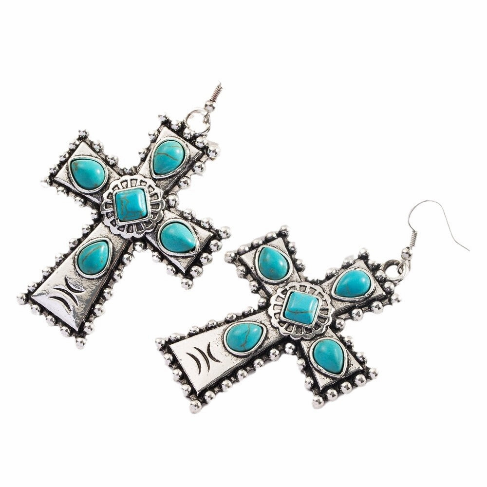 Wholesale Turquoise cross exaggerated earrings bohemian style earrings