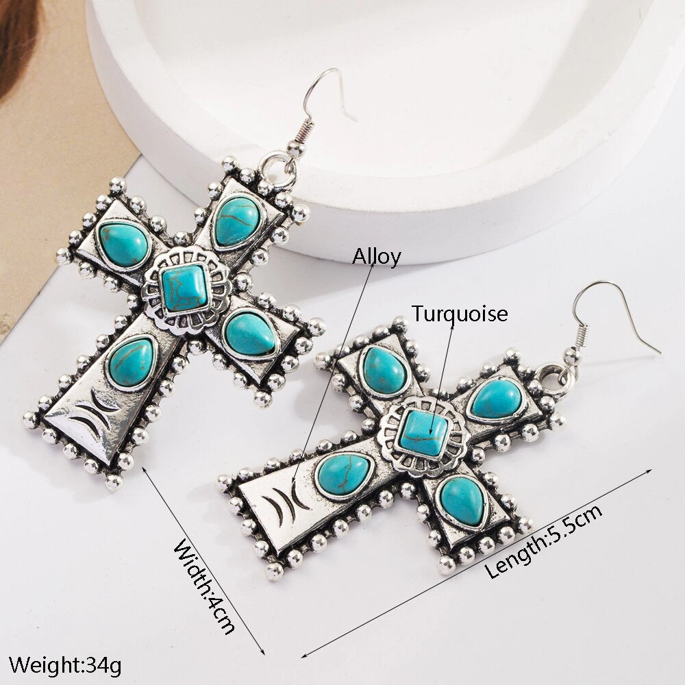 Wholesale Turquoise cross exaggerated earrings bohemian style earrings