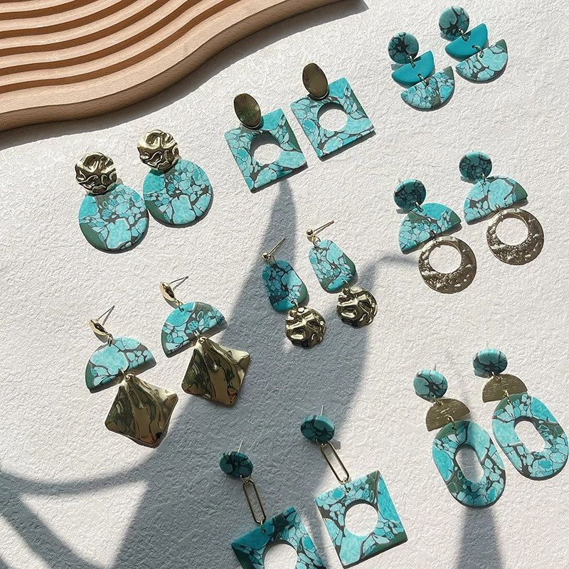 Wholesale Turquoise Geometric Metal Spliced Polymer Clay Earrings
