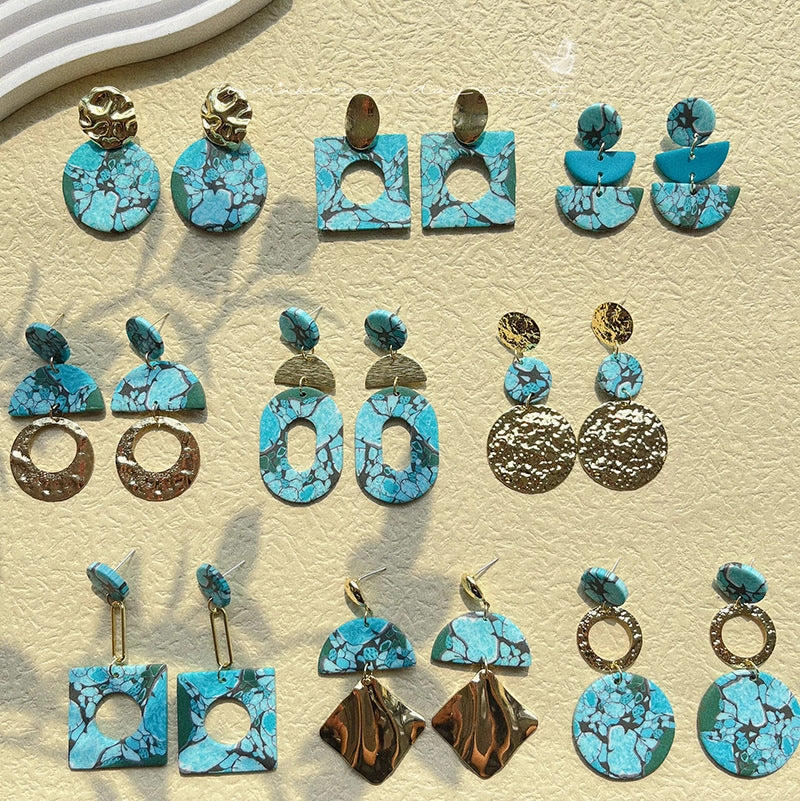Wholesale Turquoise Geometric Metal Spliced Polymer Clay Earrings