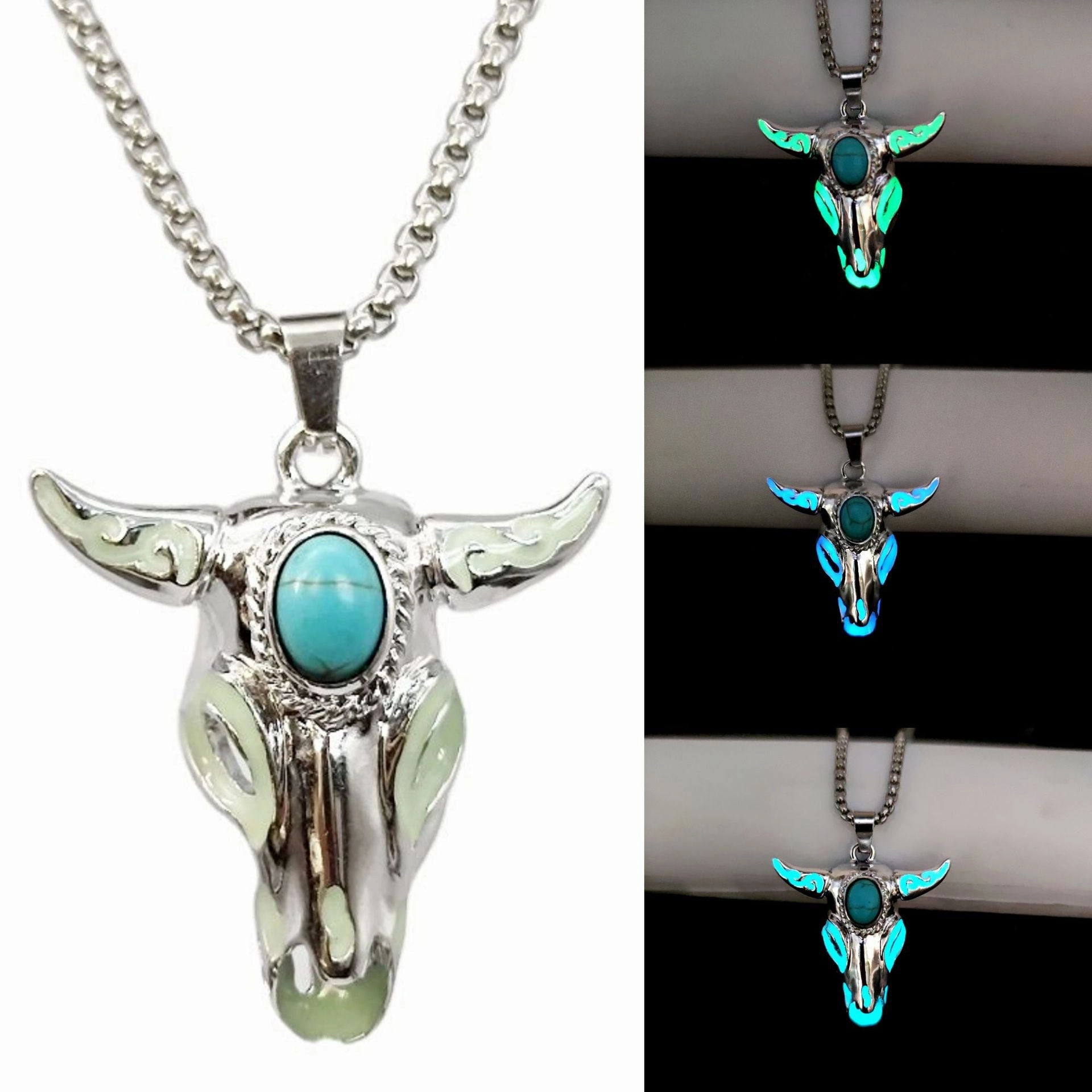 Wholesale Turquoise Skull Bull Head Stainless Steel Glowing Necklace