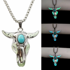 Wholesale Turquoise Skull Bull Head Stainless Steel Glowing Necklace