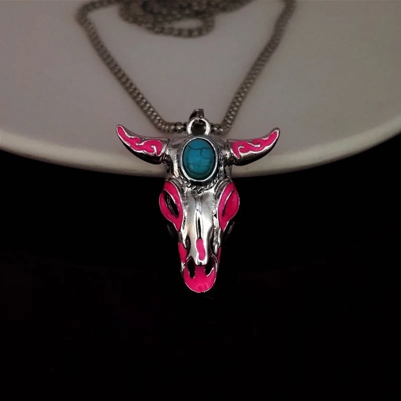 Wholesale Turquoise Skull Bull Head Stainless Steel Glowing Necklace