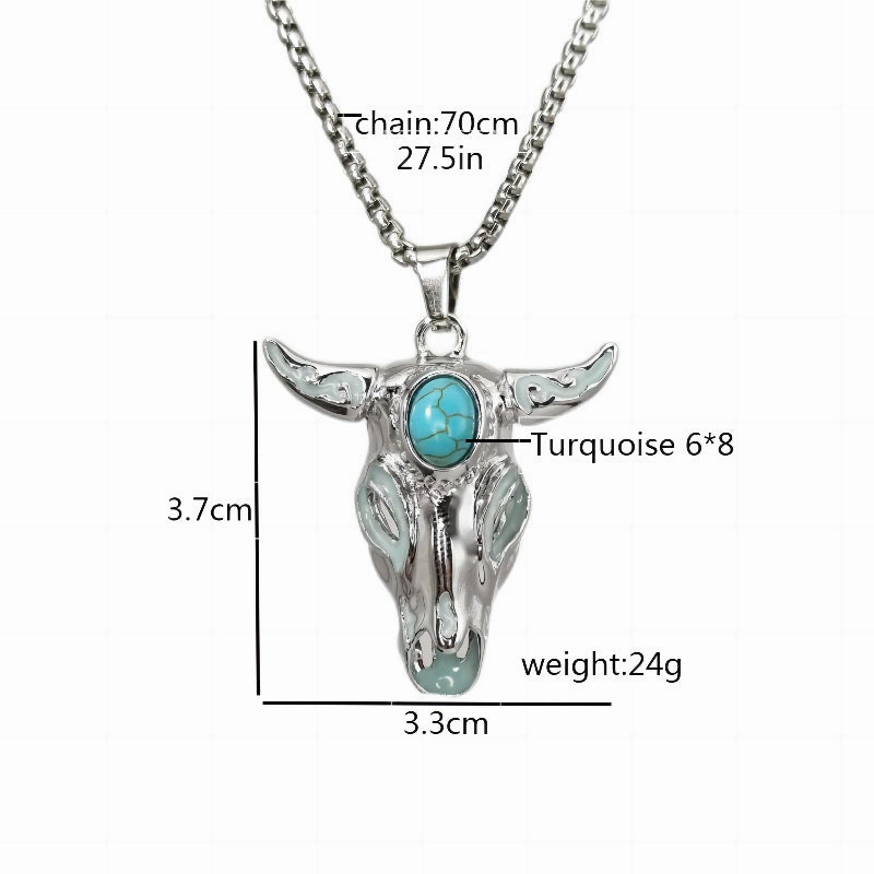 Wholesale Turquoise Skull Bull Head Stainless Steel Glowing Necklace
