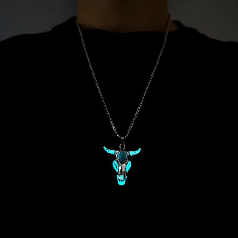 Wholesale Turquoise Skull Bull Head Stainless Steel Glowing Necklace