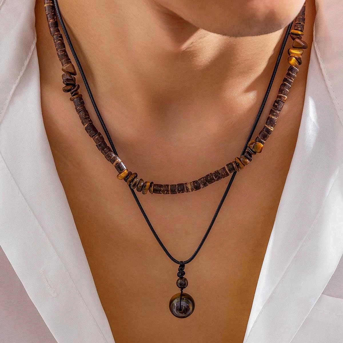 Wholesale Turquoise waxed thread necklace set men's foldable sweater chain
