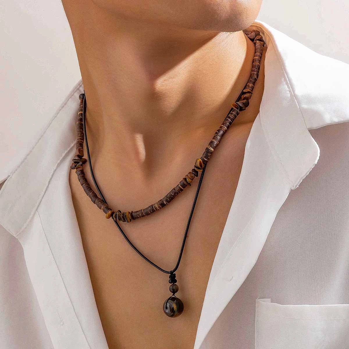 Wholesale Turquoise waxed thread necklace set men's foldable sweater chain
