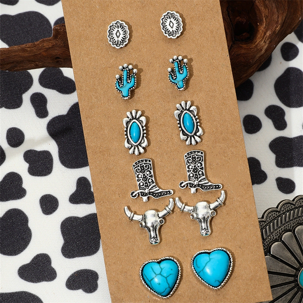 Wholesale Turquoise Western Style Retro Bull Head Boots Moon Heart Shape Zinc Alloy Stud Earring Set