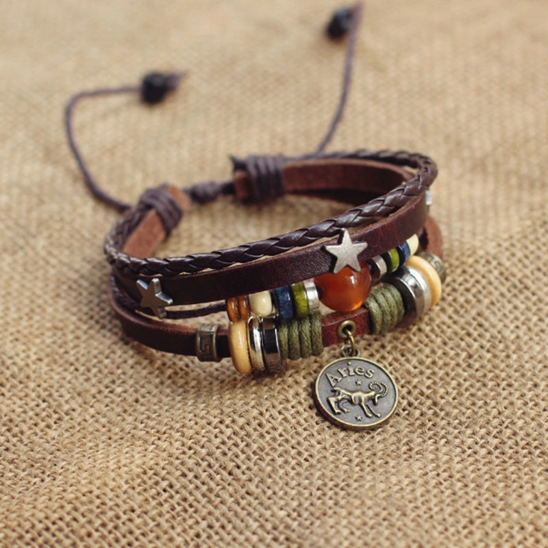 Wholesale Twelve Constellation Agate Punk Vintage Rivet Jewelry Multi-layer Bracelet