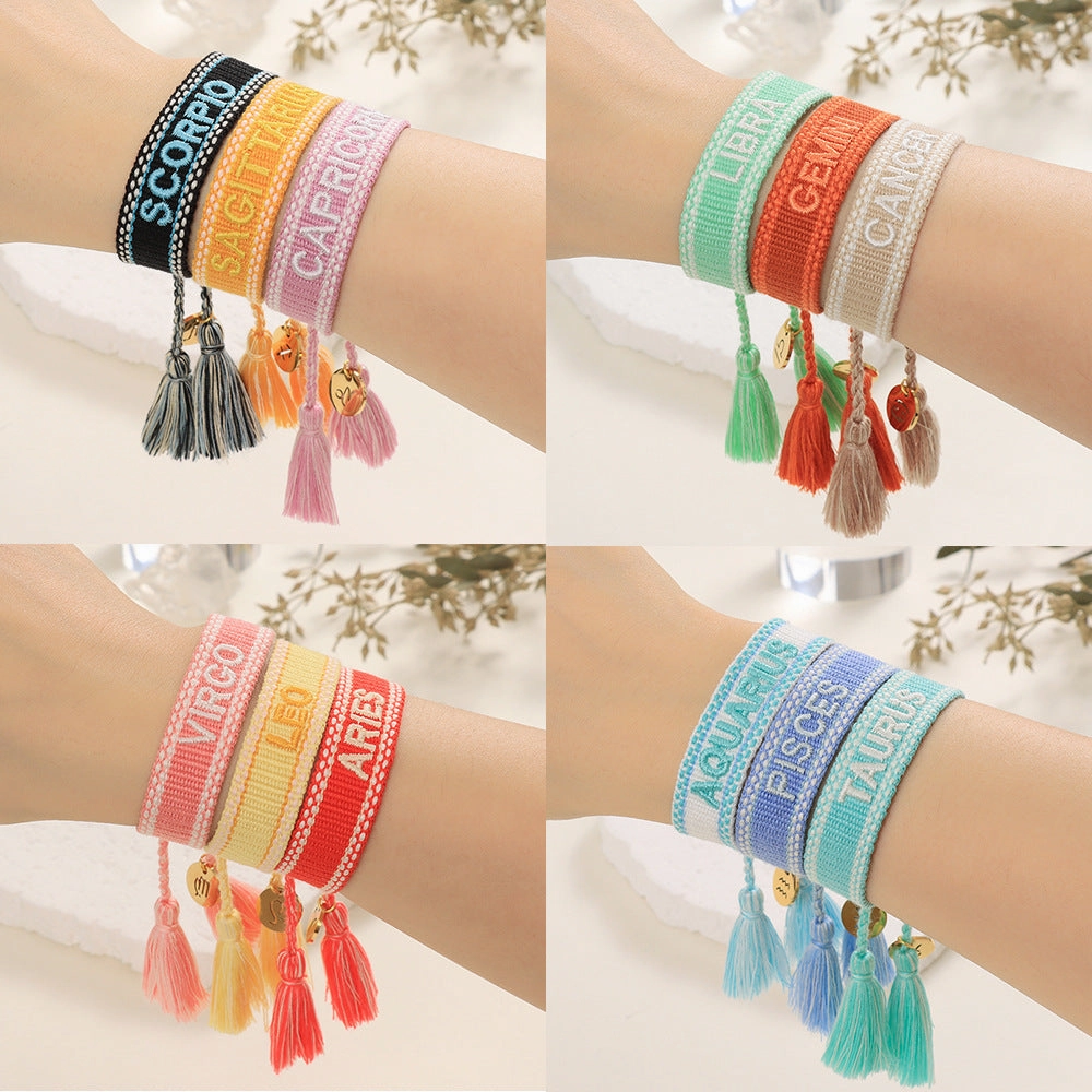 Wholesale Twelve Zodiac Signs Embroidered Letters Braided Bracelet