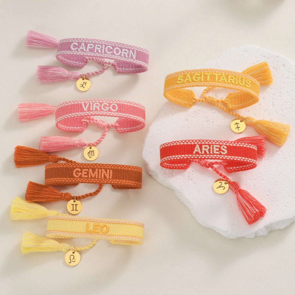 Wholesale Twelve Zodiac Signs Embroidered Letters Braided Bracelet