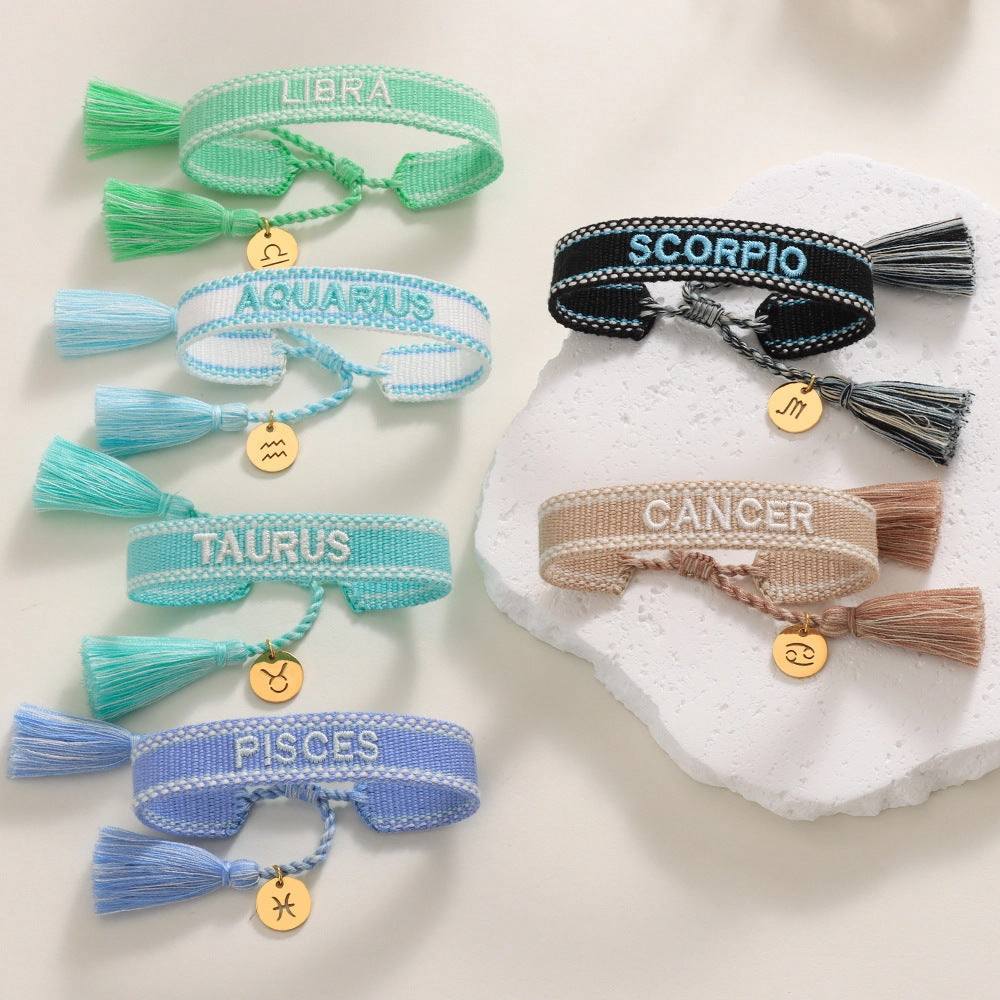 Wholesale Twelve Zodiac Signs Embroidered Letters Braided Bracelet