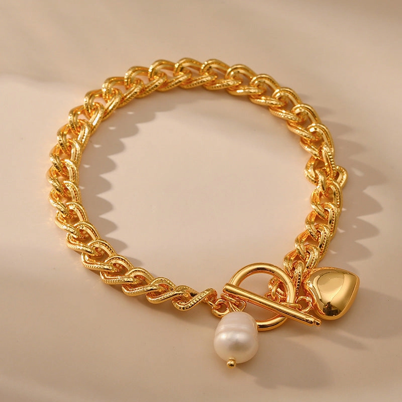 Wholesale Unisex Style Flat Chain Thick Chain Vintage Pearl Bracelet
