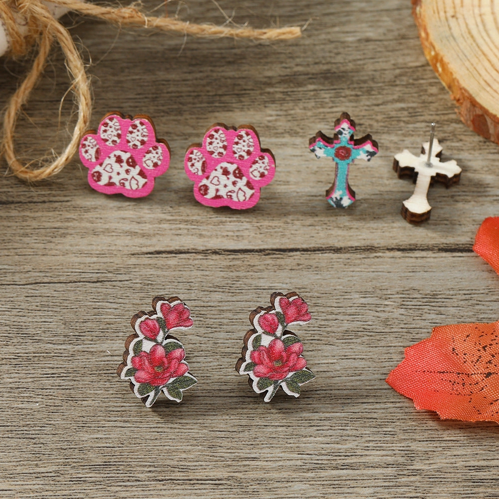 Wholesale Valentine's Day Cat Claw Cross Rose Wooden Earrings