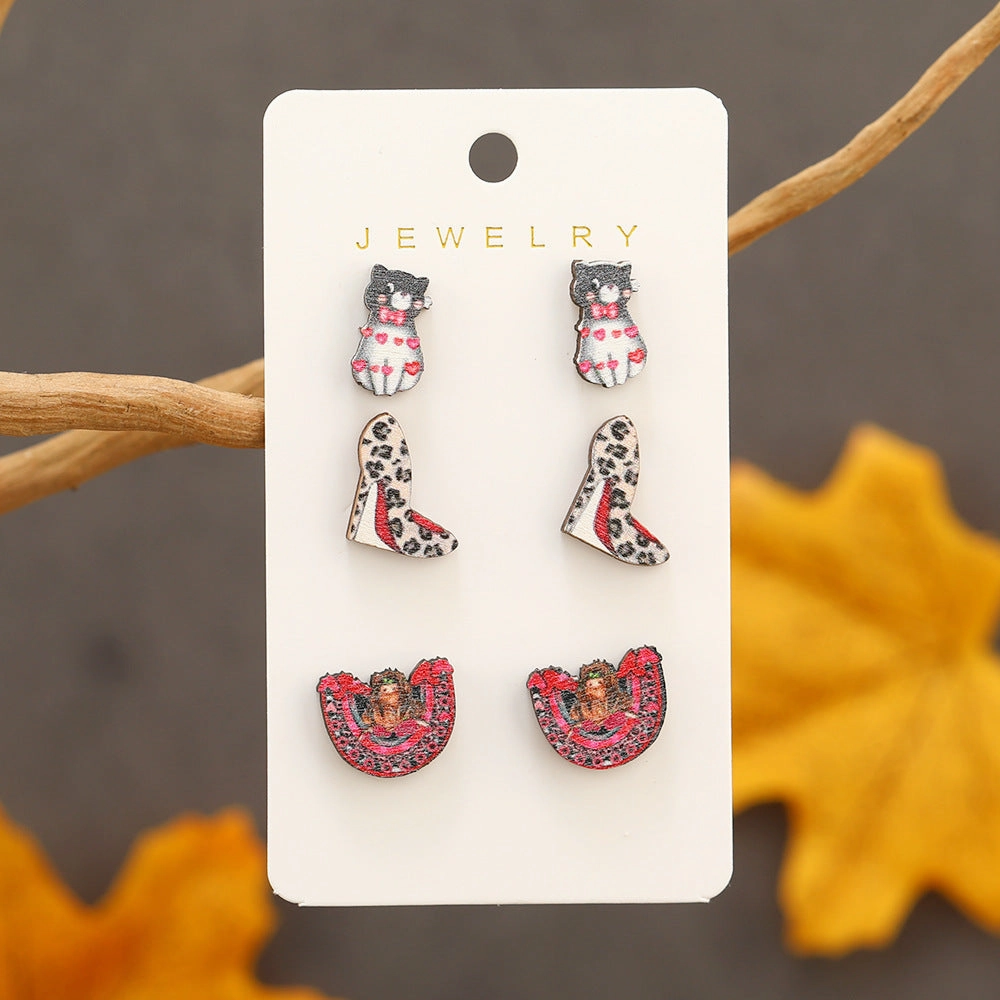 Wholesale Valentine's Day High Heels, Kitten Wooden Earrings