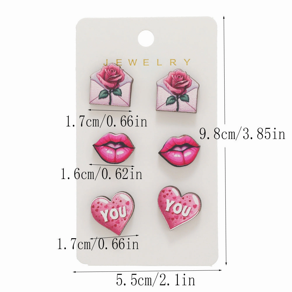 Wholesale Valentine's Day Love Rose Set Wooden Earrings