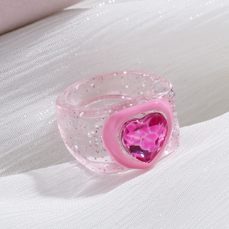 Wholesale Valentine's Day Resin Heart Peach-Based Oil-Dotted Diamond Ring