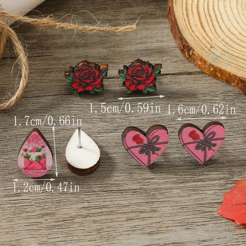Wholesale Valentine's Day Rose Love Wooden Earpiece Set