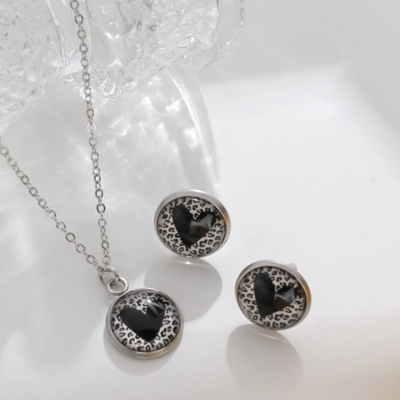 Wholesale Valentine's Day Round Leopard Print Love Earrings Necklace Set