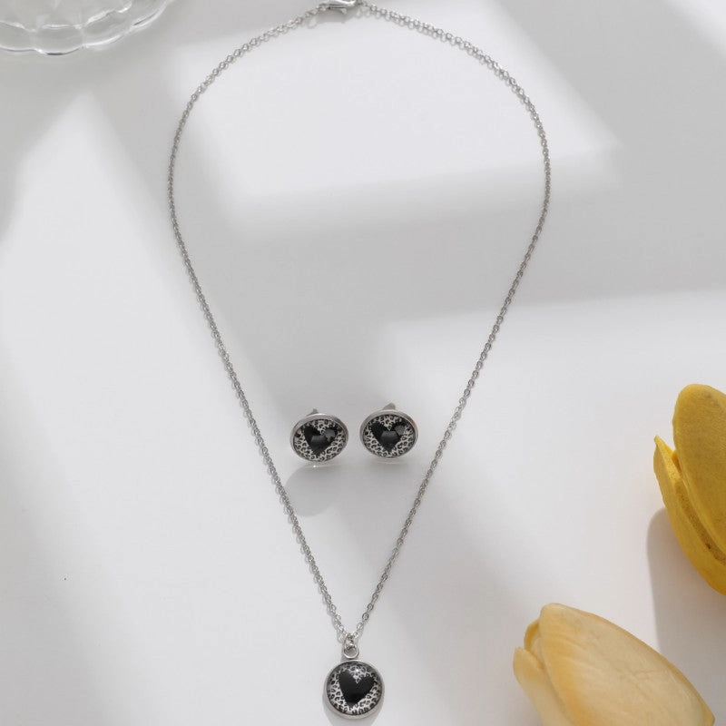 Wholesale Valentine's Day Round Leopard Print Love Earrings Necklace Set