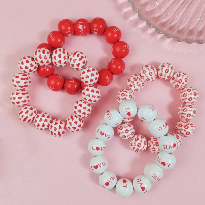 Wholesale Valentine's Day Series Wooden Beaded Love Printed Bracelets