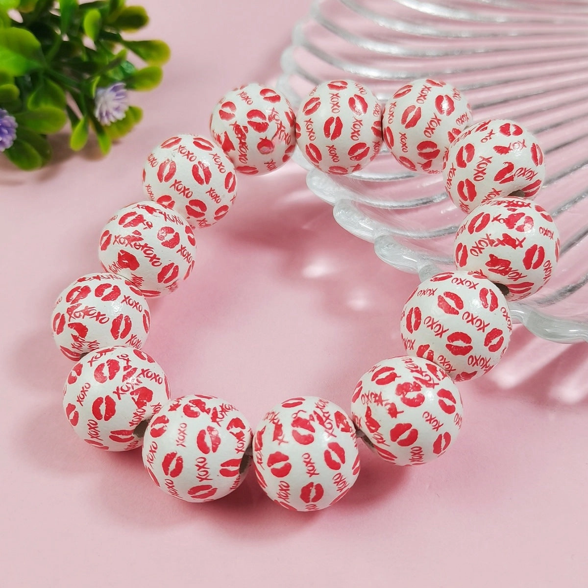Wholesale Valentine's Day Series Wooden Beaded Love Printed Bracelets