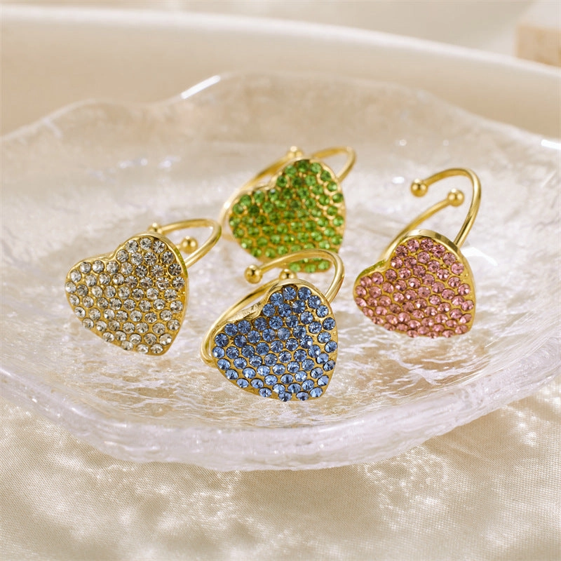Wholesale Valentine's Day Stainless Steel Full Diamond Heart Zirconia Adjustable Ring