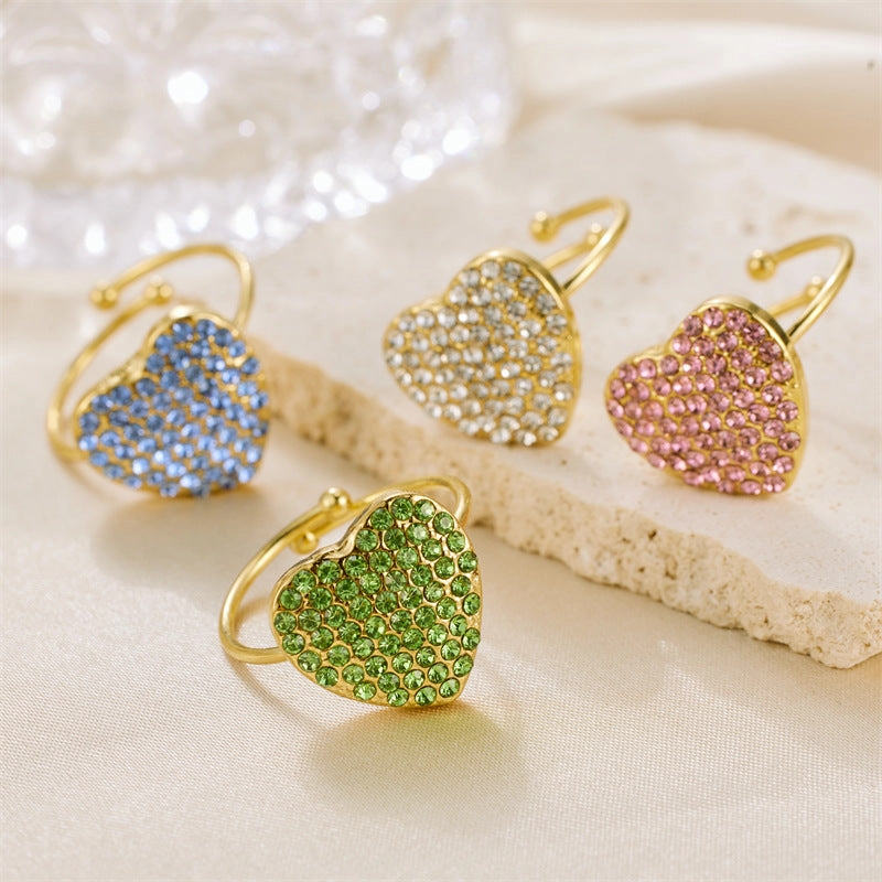 Wholesale Valentine's Day Stainless Steel Full Diamond Heart Zirconia Adjustable Ring