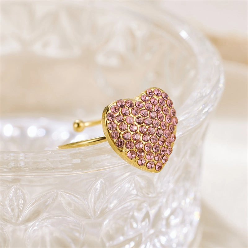 Wholesale Valentine's Day Stainless Steel Full Diamond Heart Zirconia Adjustable Ring