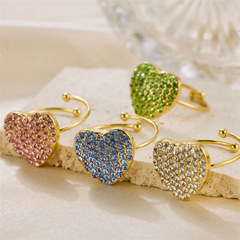 Wholesale Valentine's Day Stainless Steel Full Diamond Heart Zirconia Adjustable Ring