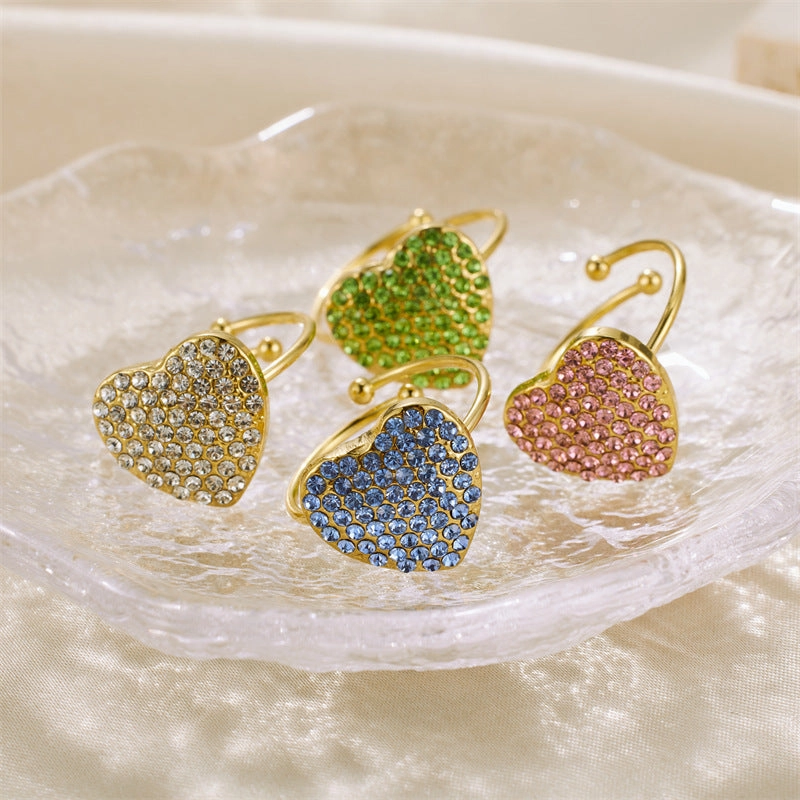 Wholesale Valentine's Day Stainless Steel Full Diamond Heart Zirconia Adjustable Ring