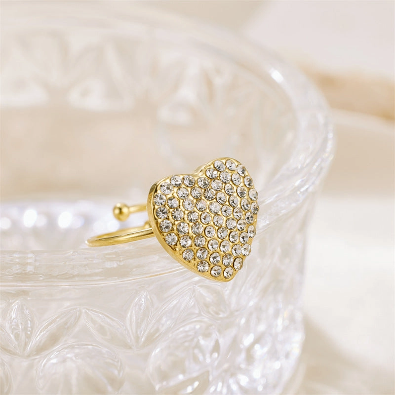Wholesale Valentine's Day Stainless Steel Full Diamond Heart Zirconia Adjustable Ring