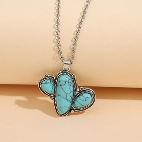 Wholesale Vintage Alien Cactus Turquoise Pendant Western Style Carved Clavicle Chain