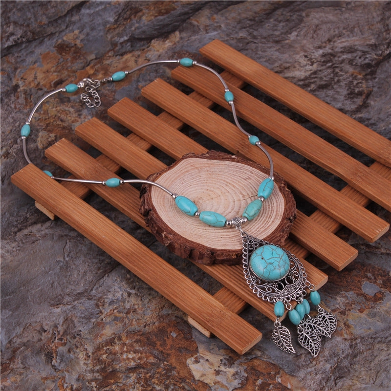 Wholesale Vintage Alloy Ethnic Style Turquoise Pendant Leaf Tassel Turquoise Necklace